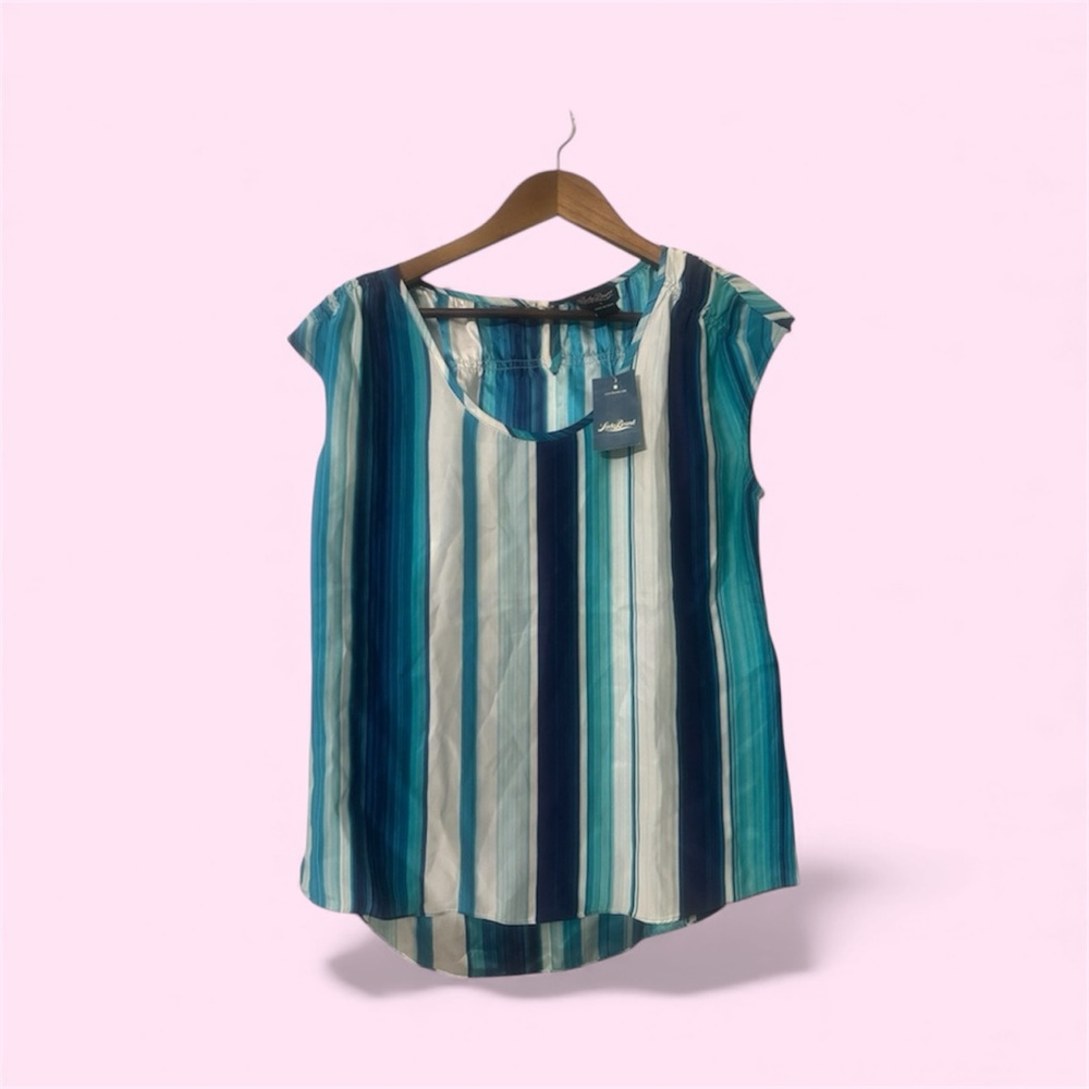 NWT Lucky Brand 100% Silk Striped Cap Sleeve Blouse Top Blue Teal Women’s Small